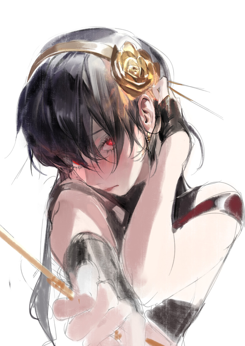 1girl absurdres bare_shoulders black_dress black_hair blush breasts cleavage commentary dress earrings flower gloves glowing glowing_eyes hair_ornament hairband half-closed_eyes highres holding jewelry kurikabacha long_hair looking_at_viewer medium_breasts nose_blush red_eyes sidelocks simple_background solo spy_x_family tucking_hair upper_body weapon white_background yor_briar