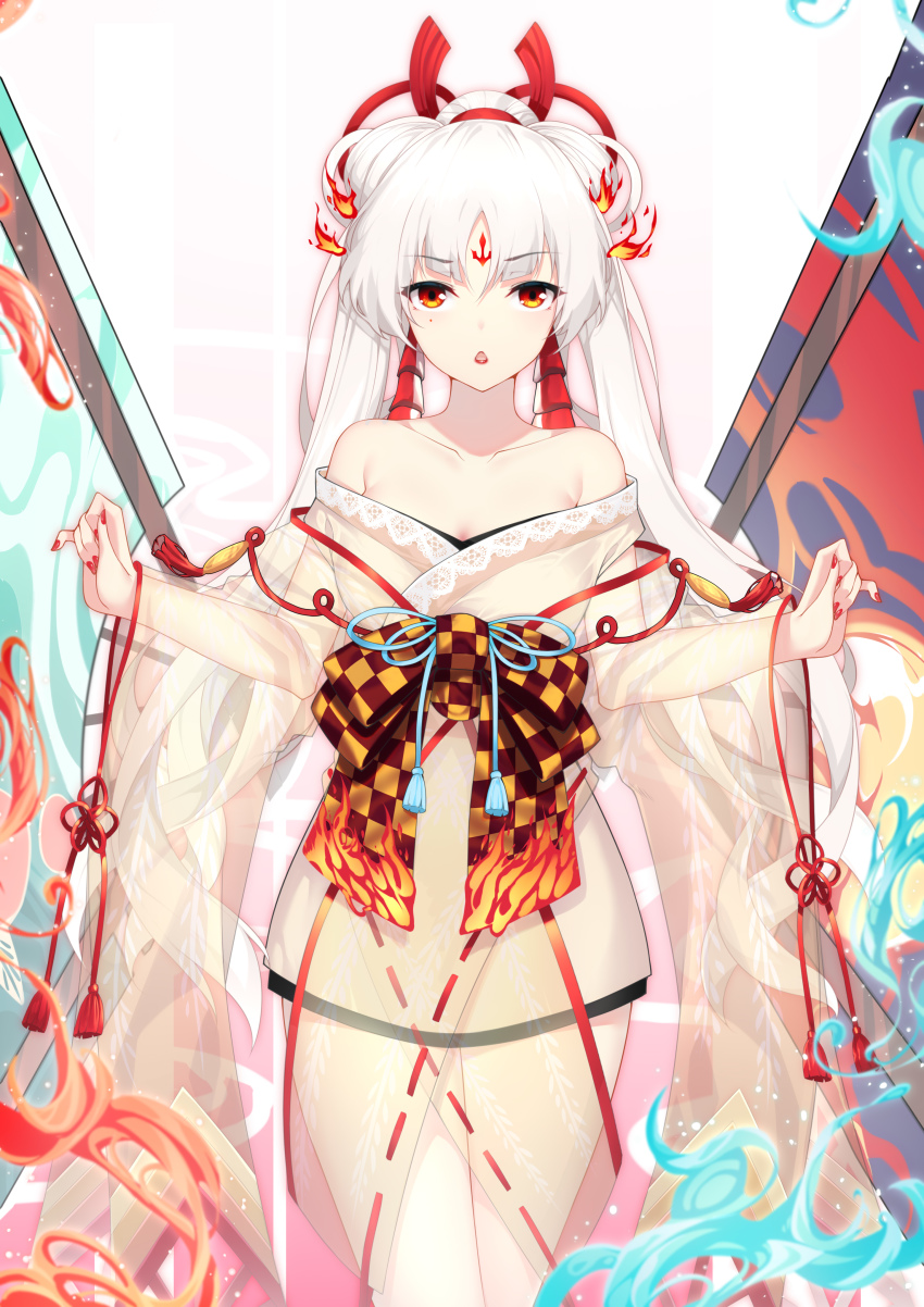 1girl absurdres bare_shoulders black_bow bow breasts cleavage collarbone commentary_request facial_mark female_focus fire hair_bun hair_ornament highres japanese_clothes kimono long_hair looking_at_viewer makeup medium_breasts nail_polish off_shoulder onmyoji open_mouth orange_eyes red_lips red_nails red_ribbon ribbon see-through_clothes shiranui_(onmyoji) single_hair_bun solo standing white_hair wu_yao_jun yellow_bow