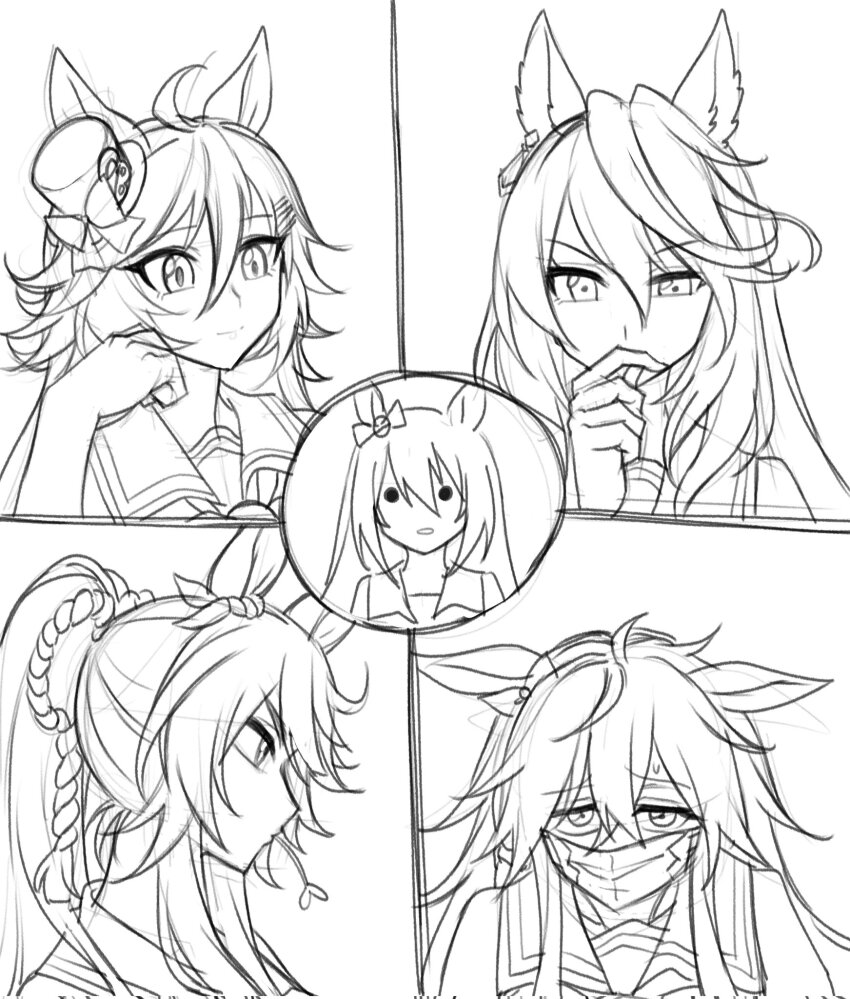 5girls ahoge animal_ears bow commentary deep_impact_(umamusume) ear_bow ear_ornament earrings ears_down fukuro_(maruaru00) greyscale hair_between_eyes hand_on_own_chin hat hat_bow head_rest high_ponytail highres horse_ears horse_girl jewelry long_hair mask messy_hair mini_hat mini_top_hat monochrome mouth_hold mouth_mask mr._c.b._(umamusume) multiple_girls narita_brian_(umamusume) nervous odd_one_out orfevre_(old_design)_(umamusume) ponytail rope sailor_collar school_uniform shimenawa sidelocks single_earring sketch solid_circle_eyes stalk_in_mouth sweatdrop swept_bangs symboli_rudolf_(umamusume) tilted_headwear top_hat tracen_school_uniform trait_connection umamusume v-shaped_eyebrows