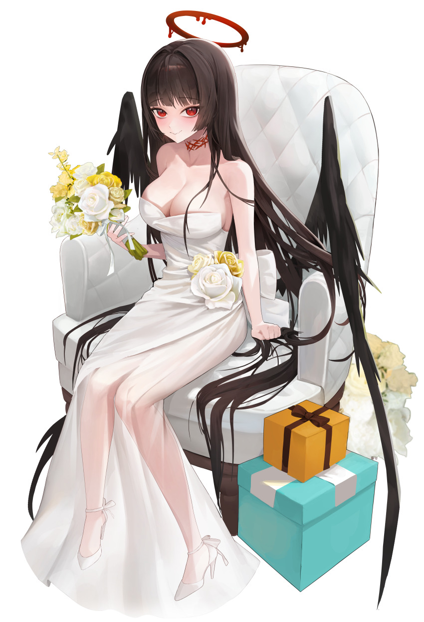 1girl absurdres arm_support armchair bare_shoulders black_hair black_wings blue_archive blush bouquet box breasts chair cleavage closed_mouth dress flower gift gift_box halo high_heels highres holding holding_bouquet large_breasts liquid_halo long_hair looking_at_viewer low_wings malsuk melting_halo official_alternate_costume red_eyes red_halo rose see-through_clothes see-through_dress simple_background sitting smile solo strapless strapless_dress strappy_heels tsurugi_(blue_archive) tsurugi_(dress)_(blue_archive) very_long_hair wavy_mouth wedding_dress white_background white_dress white_flower white_footwear white_rose wings yellow_flower yellow_rose