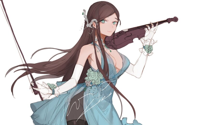1girl black_leggings blue_dress blue_eyes blue_flower blue_rose breasts brown_hair cleavage cowboy_shot dress elbow_gloves flower frilled_wrist_cuffs frills gloves hair_flowing_over hair_ornament hair_over_shoulder holding holding_instrument holding_violin instrument leggings long_hair looking_at_viewer music original playing_instrument rose side_slit signature simple_background solo twisted_torso very_long_hair violin white_background wrist_cuffs yoimon