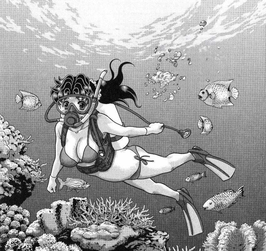 1girl absurdres air_bubble bikini breasts bubble cleavage coral diving diving_mask fish flippers freediving futari_ecchi goggles greyscale highres katsu_aki large_breasts long_hair monochrome ocean onoda_yura ponytail side-tie_bikini_bottom snorkel solo swimming swimsuit underwater