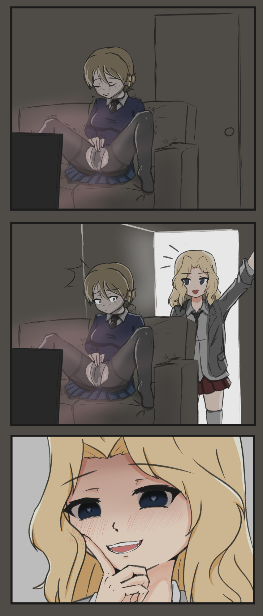 2girls absurdres black_pantyhose blonde_hair blue_eyes blush braid breasts cameltoe caught closed_eyes crotch darjeeling_(girls_und_panzer) girls_und_panzer highres indoors kay_(girls_und_panzer) large_breasts masturbation multiple_girls panda008221 panties pantyhose pussy_juice saunders_school_uniform school_uniform smile spread_legs st._gloriana&#039;s_school_uniform underwear white_panties