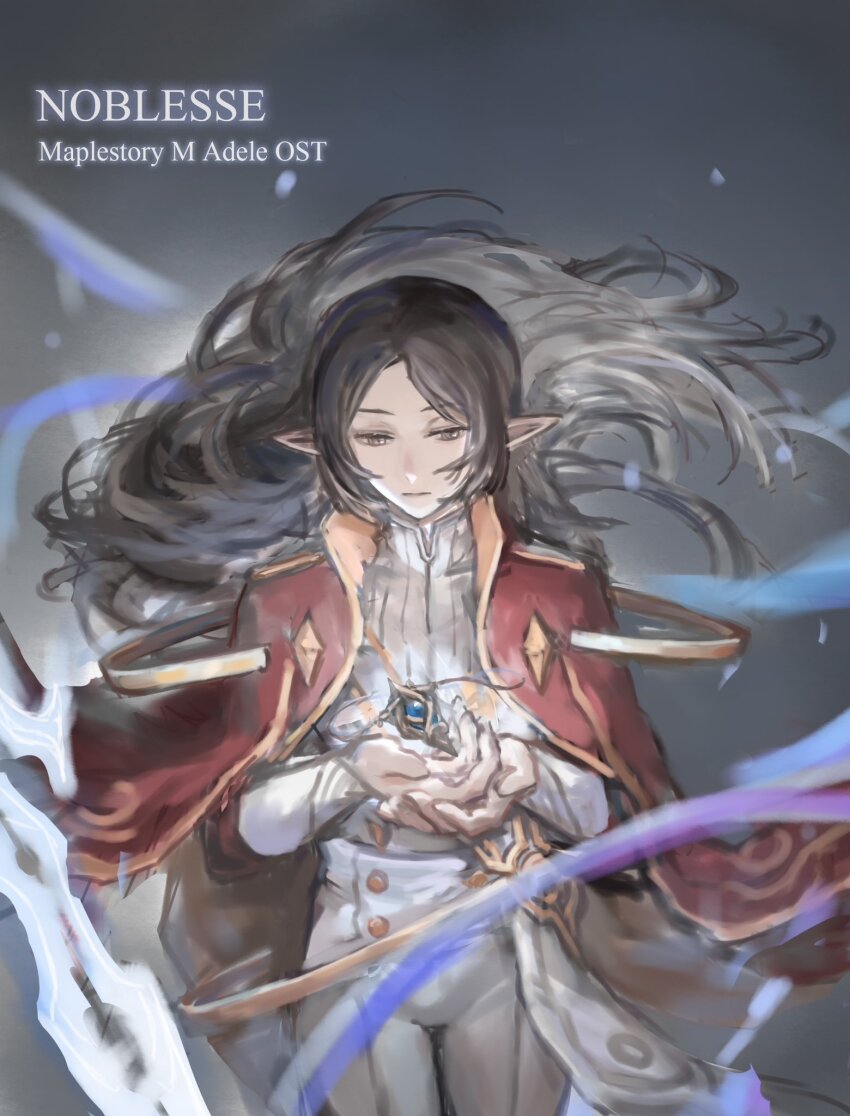 1boy adele_(maplestory) black_hair brown_eyes cloak closed_mouth cropped_legs english_text expressionless formal_clothes gradient_background highres holding jewelry long_hair looking_at_object looking_down lupus_huang male_focus maplestory pants pointy_ears red_cloak solo suit thinking white_pants