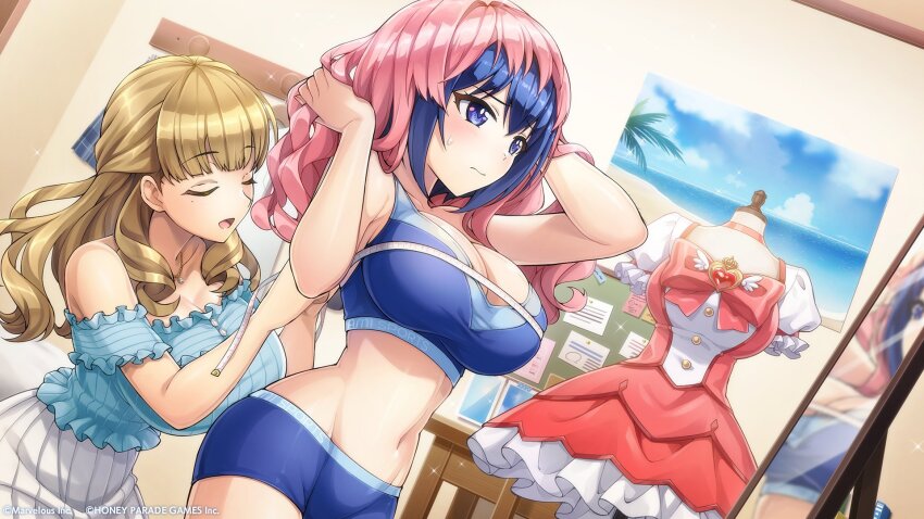 2girls ayato_utae bare_arms blonde_hair blue_eyes blue_hair closed_eyes commentary_request dolphin_wave highres jewelry long_hair midriff mirror mole mole_under_eye multiple_girls necklace official_art ootomo_takuji pleated_skirt short_hair skirt sports_bikini suminoe_shion sweat tape_measure wig unworn_wig