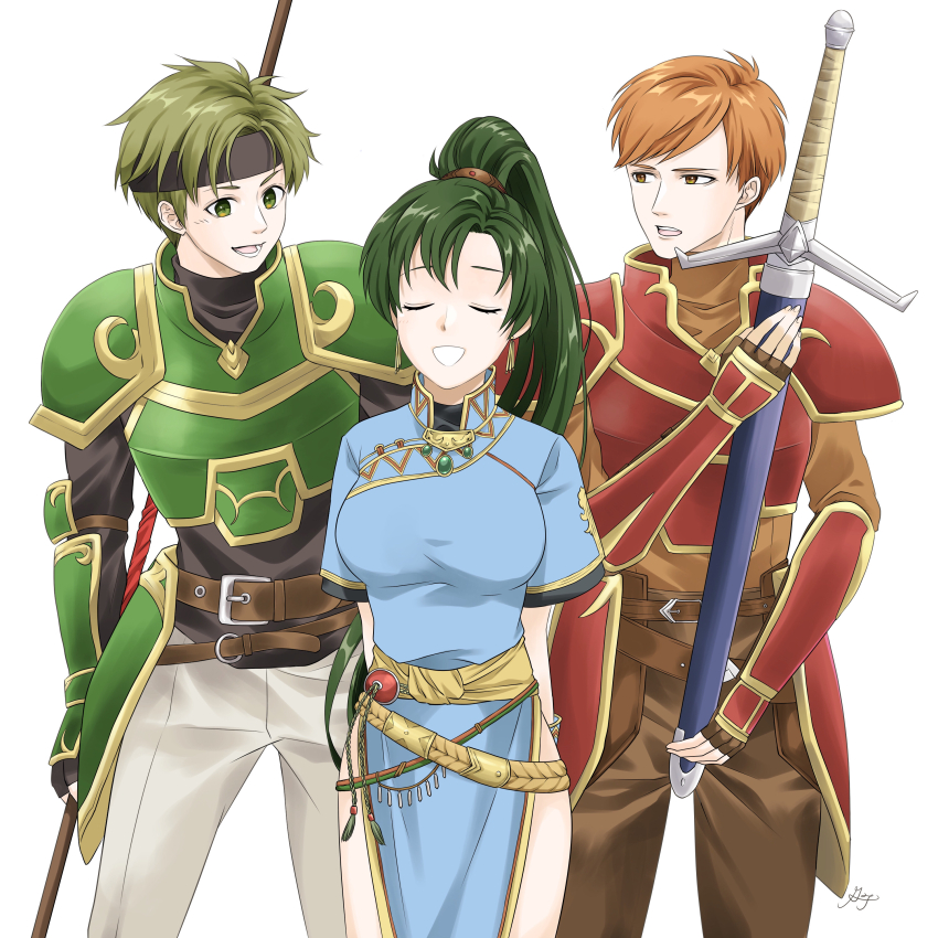 1girl 2boys absurdres armor black_hairband breastplate breasts brown_eyes closed_eyes commentary_request fire_emblem fire_emblem:_the_blazing_blade gold_trim green_armor green_eyes hairband high_ponytail highres holding holding_sword holding_weapon kent_(fire_emblem) large_breasts lyn_(fire_emblem) medium_breasts midori_no_baku multiple_boys nintendo parted_bangs ponytail red_armor sain_(fire_emblem) shoulder_armor simple_background smile sword teeth weapon white_background