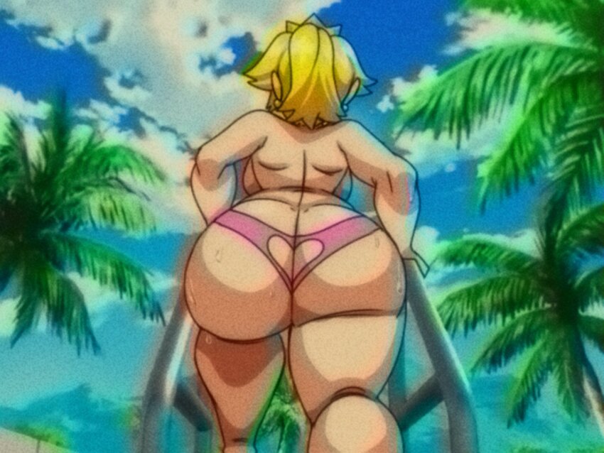 1990s_(style) 1girl ass ass_cutout ass_focus back backboob between_buttocks bikini bikini_bottom_only bird blonde_hair breasts butt_crack clothing_cutout cloud crow day earrings female_focus heart heart_cutout huge_ass jewelry large_breasts lueduar mario_(series) nintendo no_bra outdoors palm_tree pink_bikini princess_peach retro_artstyle short_hair sky solo standing sweat swimsuit thick_thighs thighs tree wet wide_hips