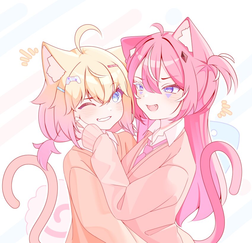 2girls absurdres animal_ears blonde_hair blue_eyes bow bowtie camila_(vtuber) cardigan cat_ears cat_girl cat_tail collared_shirt controller_hair_ornament fang from_side gradient_hair grin hair_between_eyes hair_ornament hairpin highres indie_virtual_youtuber long_hair mats_kuro medium_hair minikomew multicolored_hair multiple_girls one_eye_closed open_mouth pink_bow pink_bowtie pink_hair purple_eyes school_uniform shirt smile streaked_hair tail two_side_up upper_body virtual_youtuber white_hair white_shirt yellow_cardigan