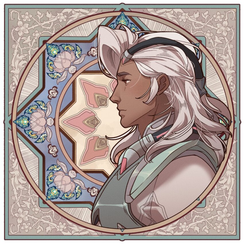 1boy border brown_eyes circle closed_mouth commentary dark-skinned_male dark_skin hair_behind_ear lifeweaver_(overwatch) long_hair looking_ahead male_focus overwatch profile solo stained_glass upper_body wenny02 white_hair