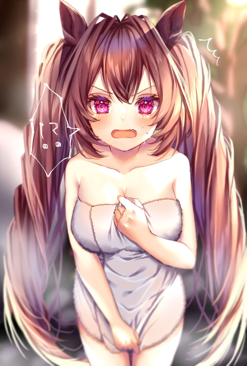 !? 1girl @_@ alternate_costume animal_ears antenna_hair blush bow breasts cleavage commentary_request cowboy_shot daiwa_scarlet_(umamusume) embarrassed furrowed_brow hair_between_eyes hair_bow hair_intakes highres holding holding_towel horse_ears horse_girl large_breasts long_hair looking_at_viewer naked_towel open_mouth pink_bow red_eyes red_hair scowl simple_background solo spoken_interrobang steaming_body stiff_tail thighs tiara towel towel_tug twintails umamusume very_long_hair w xx_momomo_xx