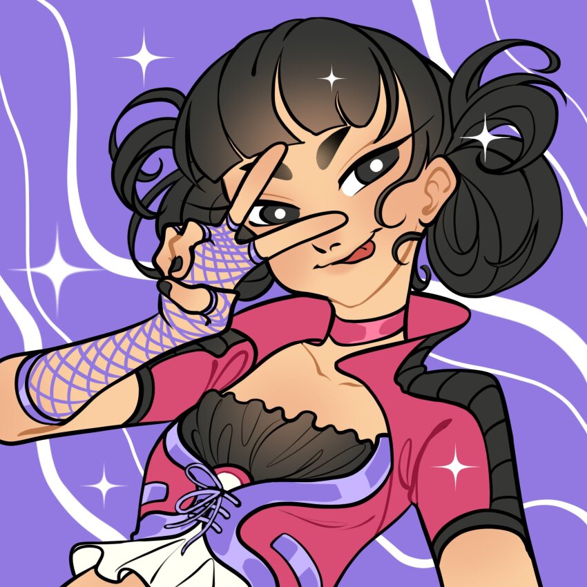 1girl :p asian black_eyes black_hair black_nails black_shirt blunt_bangs bright_pupils choker closed_mouth collarbone collared_jacket commentary cropped_jacket double_bun fingerless_gloves fishnet_gloves fishnets frilled_shirt frills gloves hair_bun happy high_collar highres jacket light_blush lips musa_(winx_club) nail_polish nostrils pink_choker pink_jacket pocket purple_background purple_gloves purple_ribbon ribbon shirt short_hair short_sleeves smile solo sparkle strapless strapless_shirt thick_eyebrows tongue tongue_out upper_body v white_pupils wikate winx_club