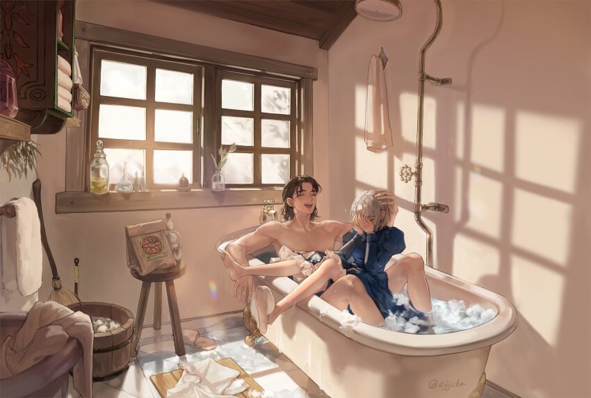 1boy 1girl bare_legs black_hair blue_dress cjjcha clothed_female_nude_male covering_face dress embarrassed grey_hair hand_on_another&#039;s_head highres howl_pendragon howl_no_ugoku_shiro nude shared_bathing short_hair single_slipper slippers soap_bubbles sophie_hatter window