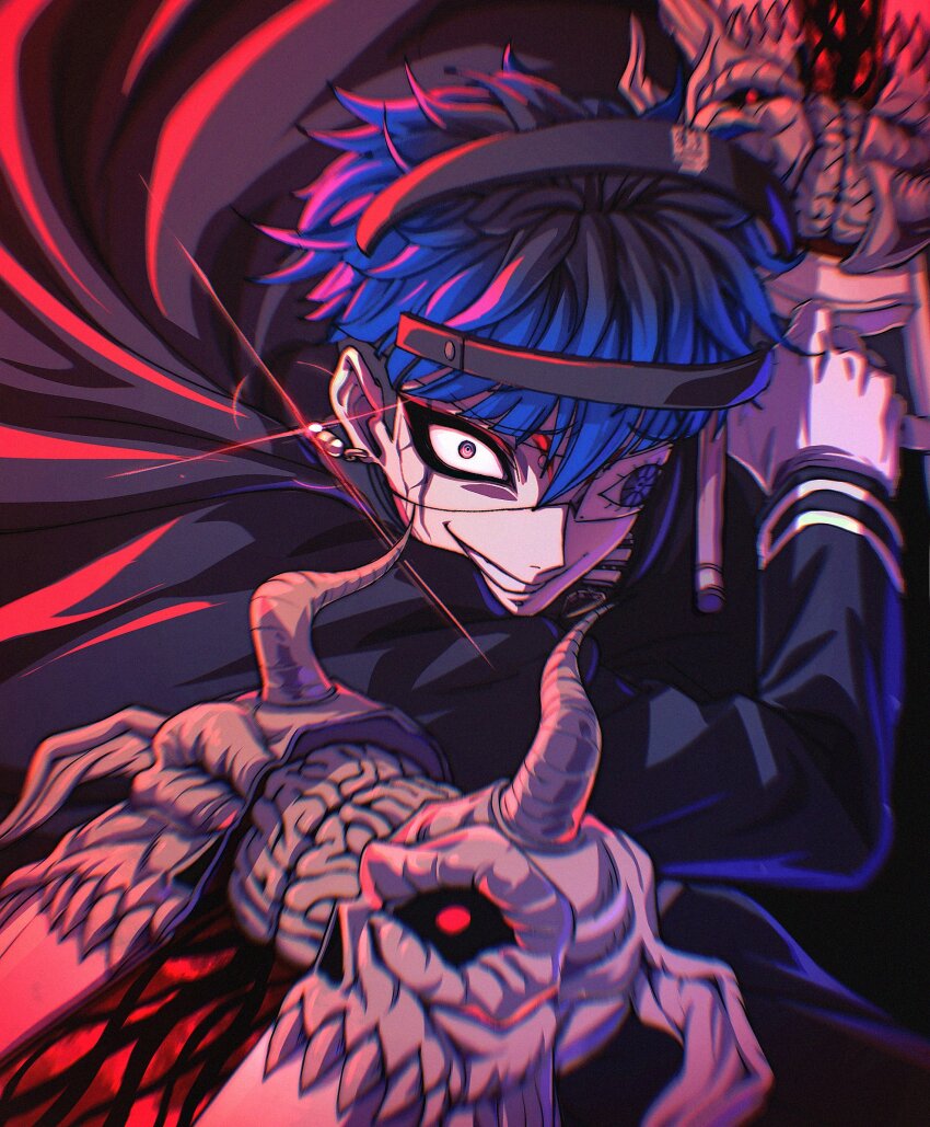 1boy black_cape cape chamuchai constricted_pupils dual_wielding earrings evil_grin evil_smile eye_print eyepatch glint grin highres holding holding_weapon jewelry last_defense_academy_school_uniform long_sleeves looking_at_viewer male_focus omokage_yugamu pink_eyes print_eyepatch purple_hair school_uniform short_hair sketch smile solo the_hundred_line_-last_defense_academy- weapon