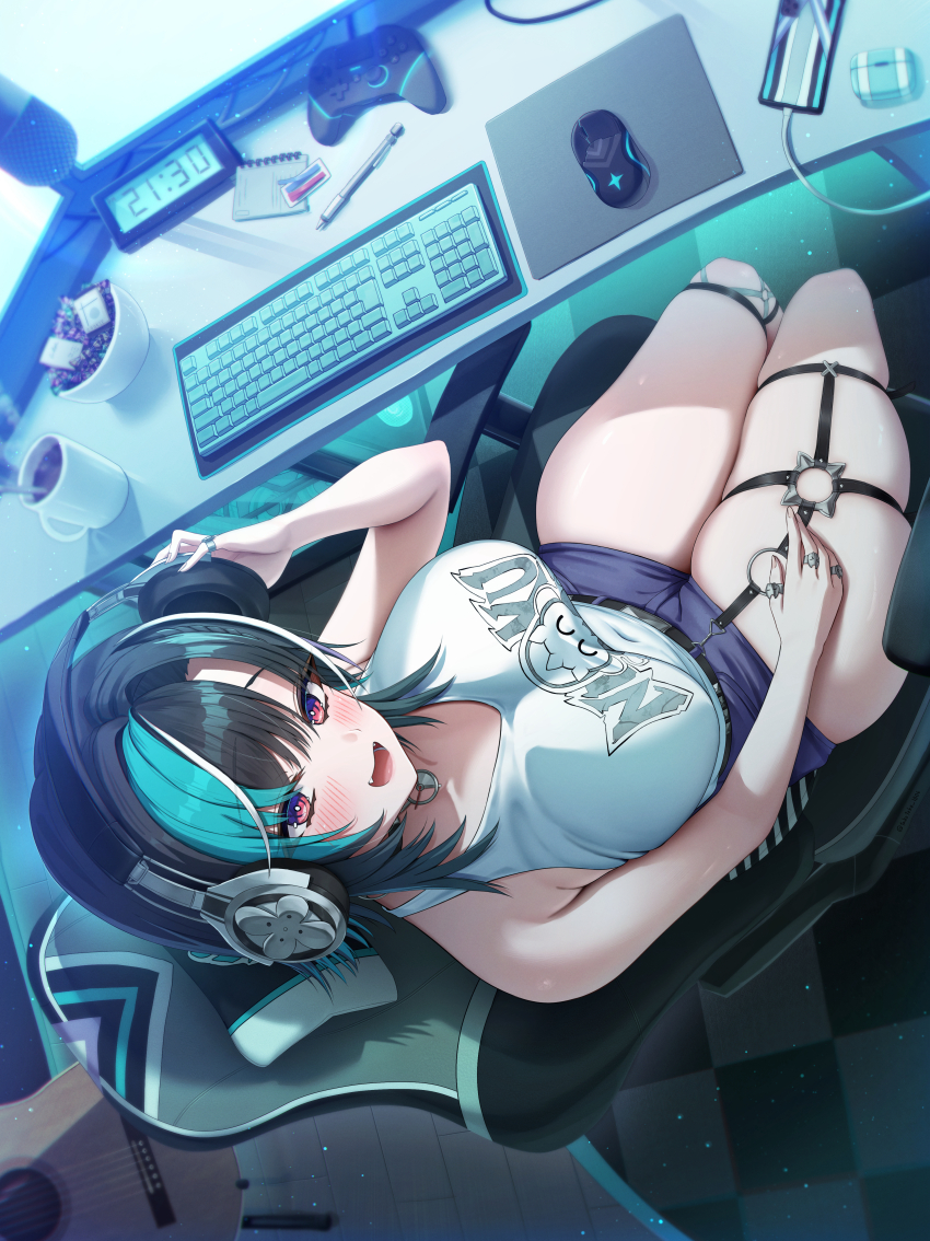 1girl absurdres aqua_hair black_hair blue_shorts breasts chair computer_keyboard computer_mouse controller game_controller gaming_chair highres hololive hololive_dev_is large_breasts looking_at_viewer medium_hair monitor multicolored_hair o-ring o-ring_thigh_strap open_mouth red_eyes rindo_chihaya shirt shorts smile solo streaked_hair swivel_chair takotakochan_1006 thigh_strap virtual_youtuber white_hair white_shirt wireless_mouse