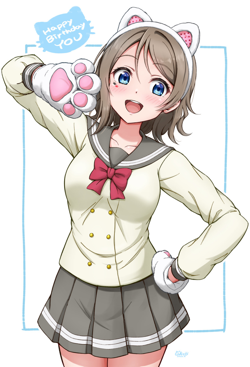 1girl animal_ears animal_hands birthday blue_border blue_eyes border breasts character_name ckst collarbone commentary english_text fake_animal_ears grey_hair happy_birthday highres love_live! love_live!_sunshine!! medium_breasts medium_hair school_uniform solo upper_body uranohoshi_school_uniform watanabe_you white_background