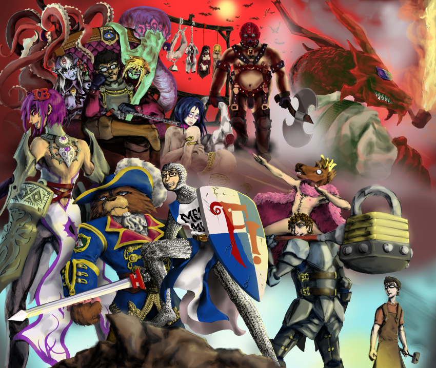 absurdres alipheese_fateburn_xvi axe dragon executioner fakku glasses hammer highres lamia mon-musu_quest! monster_girl multiple_boys multiple_girls smoking_pipe scylla shield sword weapon what z-ton