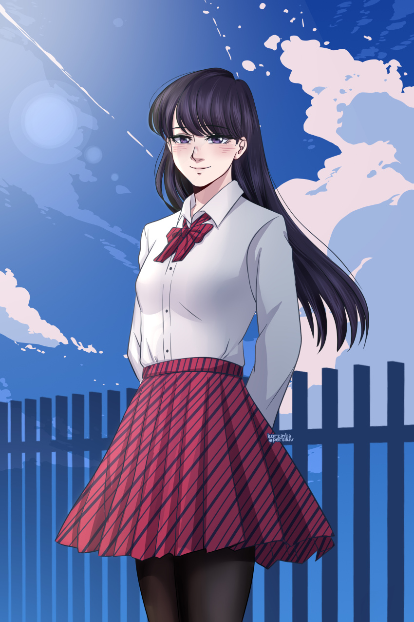 1girl absurdres arms_behind_back black_hair black_pantyhose blue_sky bow bowtie breasts cloud commentary diagonal-striped_bow diagonal-striped_bowtie diagonal-striped_clothes diagonal-striped_skirt fence highres komi-san_wa_komyushou_desu komi_shouko korzynka_persykiv lens_flare long_hair medium_breasts pantyhose plaid_clothes plaid_skirt purple_eyes red_skirt school_uniform skirt sky smile solo striped_clothes