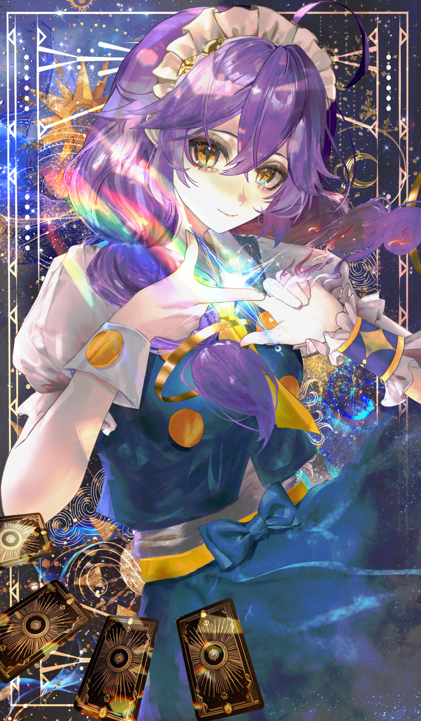 1girl absurdres ahoge blue_bow blue_dress bow chinese_commentary closed_mouth commentary_request dress hair_between_eyes hands_up highres jin_sumire long_hair low_twintails maid_headdress necktie orange_eyes original purple_hair short_sleeves solo twintails white_wrist_cuffs wrist_cuffs yellow_necktie