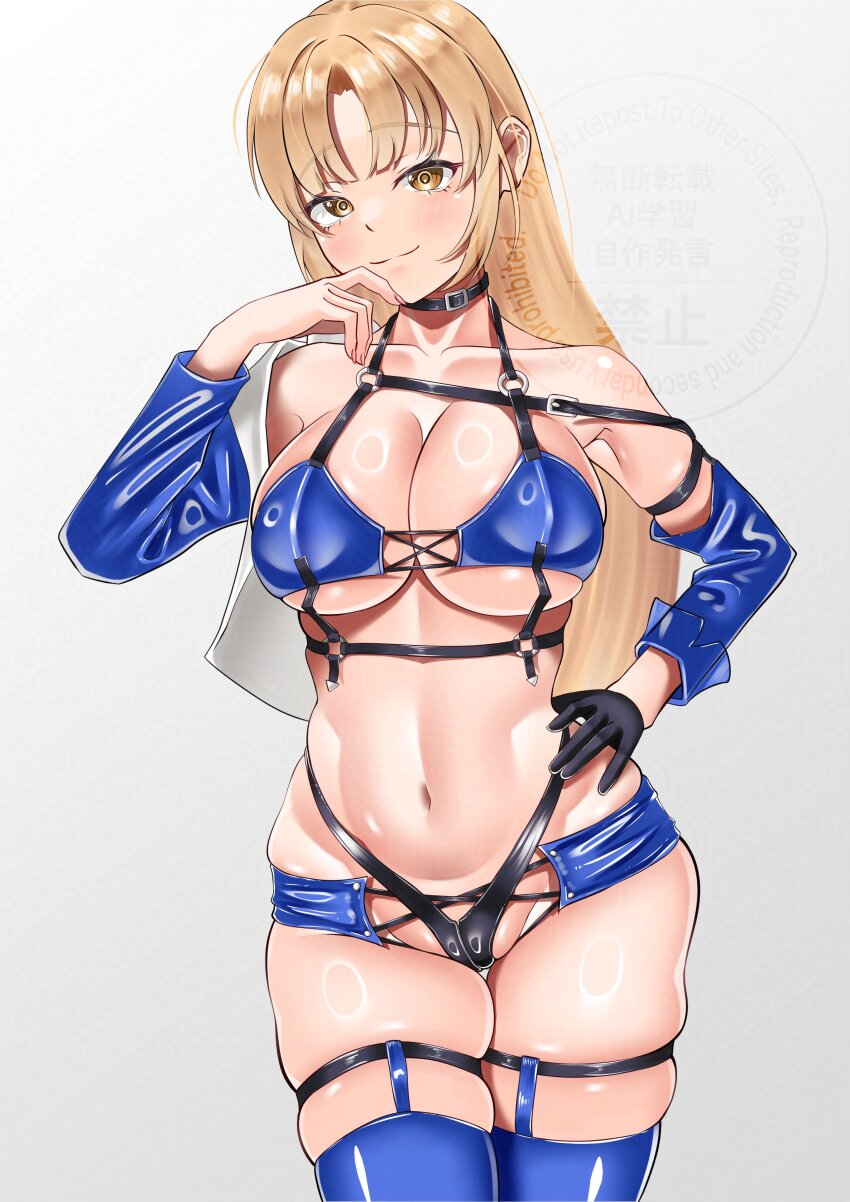 1girl 2girls absurdres azur_lane baltimore_(azur_lane) baltimore_(azur_lane)_(cosplay) baltimore_(finish_line_flagbearer)_(azur_lane) bare_shoulders black_gloves black_panties blonde_hair blue_thighhighs breasts closed_mouth collarbone cosplay gloves hand_on_own_hip hand_up highleg highleg_panties highres large_breasts light_blush looking_at_viewer multiple_girls navel nijisanji panties parted_bangs race_queen sikorita_acme simple_background single_glove sister_claire skindentation solo stomach thigh_strap thighhighs underwear virtual_youtuber yellow_eyes