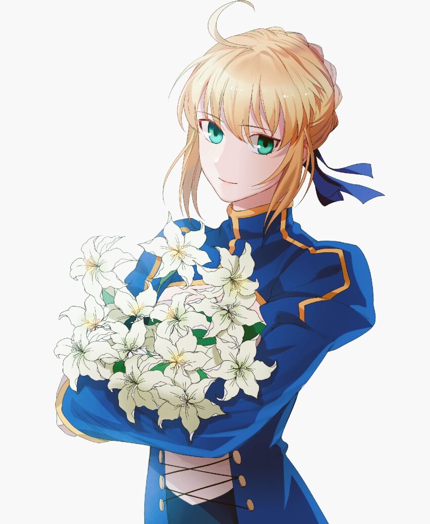 1girl ahoge artoria_pendragon_(fate) blue_coat blue_ribbon bouquet braid braided_bun closed_mouth coat crossed_arms fate_(series) flower green_eyes hair_bun highres holding holding_bouquet juliet_sleeves long_sleeves looking_at_viewer puffy_sleeves ribbon saber_(fate) short_hair simple_background smile solo tobu_(bilibil) white_background white_lily