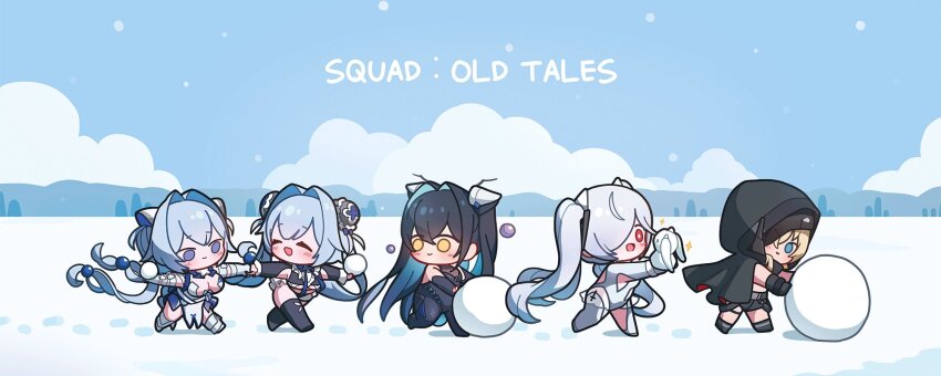 5girls accessories aqua_hair arm_warmers armpit_cutout bare_shoulders black_cloak black_gloves black_hair blonde_hair blue_eyes blue_hair blush bodysuit breasts broken_mask buckle chibi cinderella_(nikke) cleavage_cutout cloak closed_mouth clothing_cutout colored_inner_hair cropped_shirt dress flower-shaped_hair folded_hair gloves goddess_of_victory:_nikke grave_(nikke) gretel_(nikke) hair_intakes hair_over_one_eye hansel_(nikke) highres hood hood_up hooded_cloak large_breasts leg_cutout little_mermaid_(nikke) long_hair mask micro_shorts midriff multicolored_hair multiple_girls navel navel_cutout old_tales_(nikke) one_eye_covered open_mouth red_eyes ribbed_shrug see-through_bodysuit see-through_clothes see-through_dress see-through_skirt shiny_eyes shorts siblings sidelocks single_arm_warmer skirt leotard smile snap-fit_buckle stomach_cutout twins twintails uz_(uzru0428) very_long_hair white_bodysuit white_hair white_pouch yellow_eyes
