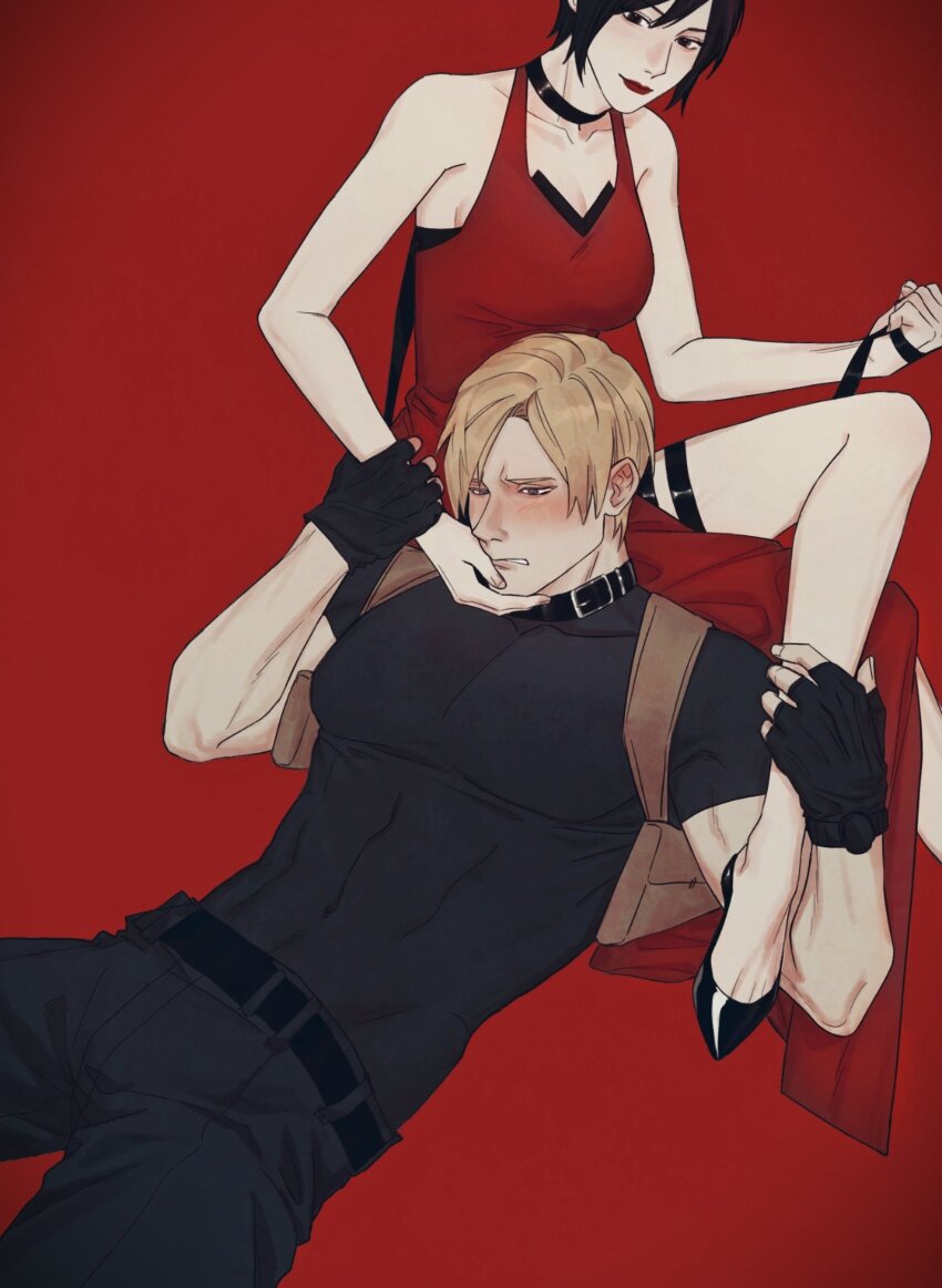 1boy 1girl aaamber_22 absurdres ada_wong animal_collar bare_shoulders belt black_belt black_choker black_gloves black_hair black_pants black_shirt black_shorts blonde_hair blush breasts choker cleavage clenched_teeth collar dress fingerless_gloves furrowed_brow gloves hair_between_eyes hand_on_another&#039;s_cheek hand_on_another&#039;s_face hetero highres holding_another&#039;s_wrist leon_s._kennedy long_dress medium_breasts pants parted_bangs red_background red_dress red_lips resident_evil resident_evil_2 shirt short_hair shorts side_slit sideboob sweatdrop teeth thigh_strap tight_clothes tight_shirt