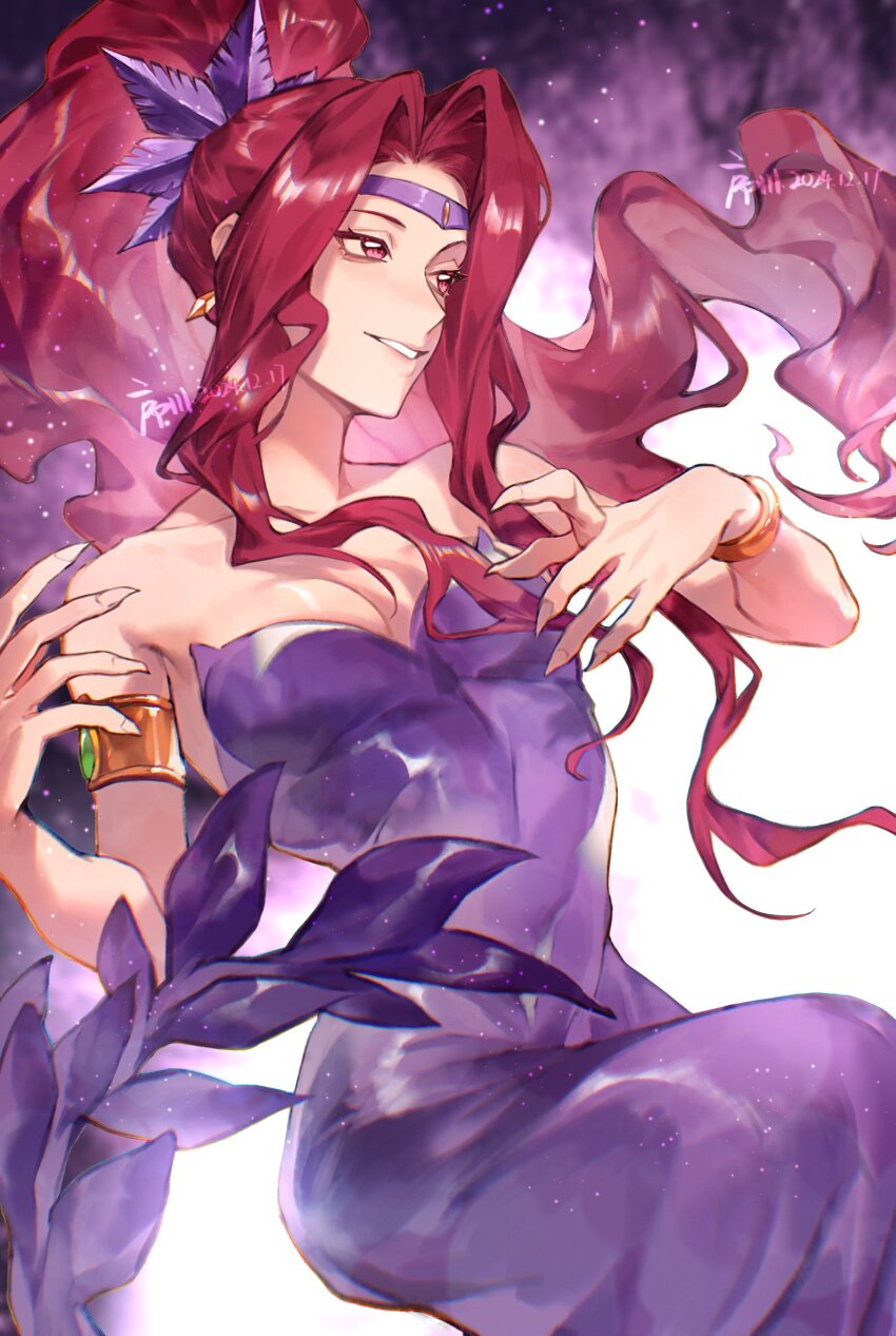 1girl armlet bare_shoulders bracelet breasts circlet cleavage dress earrings fingernails gem green_gemstone hair_ornament hands_up high_ponytail highres izuru_(mermaid_melody_pichi_pichi_pitch) jewelry linea_alba long_fingernails long_hair looking_ahead mermaid_melody_pichi_pichi_pitch parted_hair parted_lips pink_eyes ponytail purple_dress red_hair sitting smile solo strapless strapless_dress tight_clothes tight_dress xuchuan