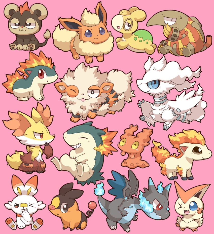 &gt;_o 2027_(submarine2027) :3 :d :o ;p ^_^ arcanine blue_eyes blue_fire blue_sclera blush bright_pupils brown_eyes charizard chibi claws closed_eyes closed_mouth colored_sclera commentary_request delphox fangs fire flame-tipped_tail flareon gen_1_pokemon gen_2_pokemon gen_3_pokemon gen_5_pokemon gen_6_pokemon gen_8_pokemon grin hand_on_own_chin hand_up heatmor highres jitome legendary_pokemon litleo looking_at_viewer mega_charizard_x mega_pokemon mythical_pokemon nintendo no_humans numel one_eye_closed open_mouth pink_background pokemon pokemon_(creature) ponyta purple_eyes quilava red_eyes reshiram scorbunny sideways_glance simple_background sitting slugma smile sweatdrop tail teeth tepig thinking tongue tongue_out typhlosion v victini white_pupils