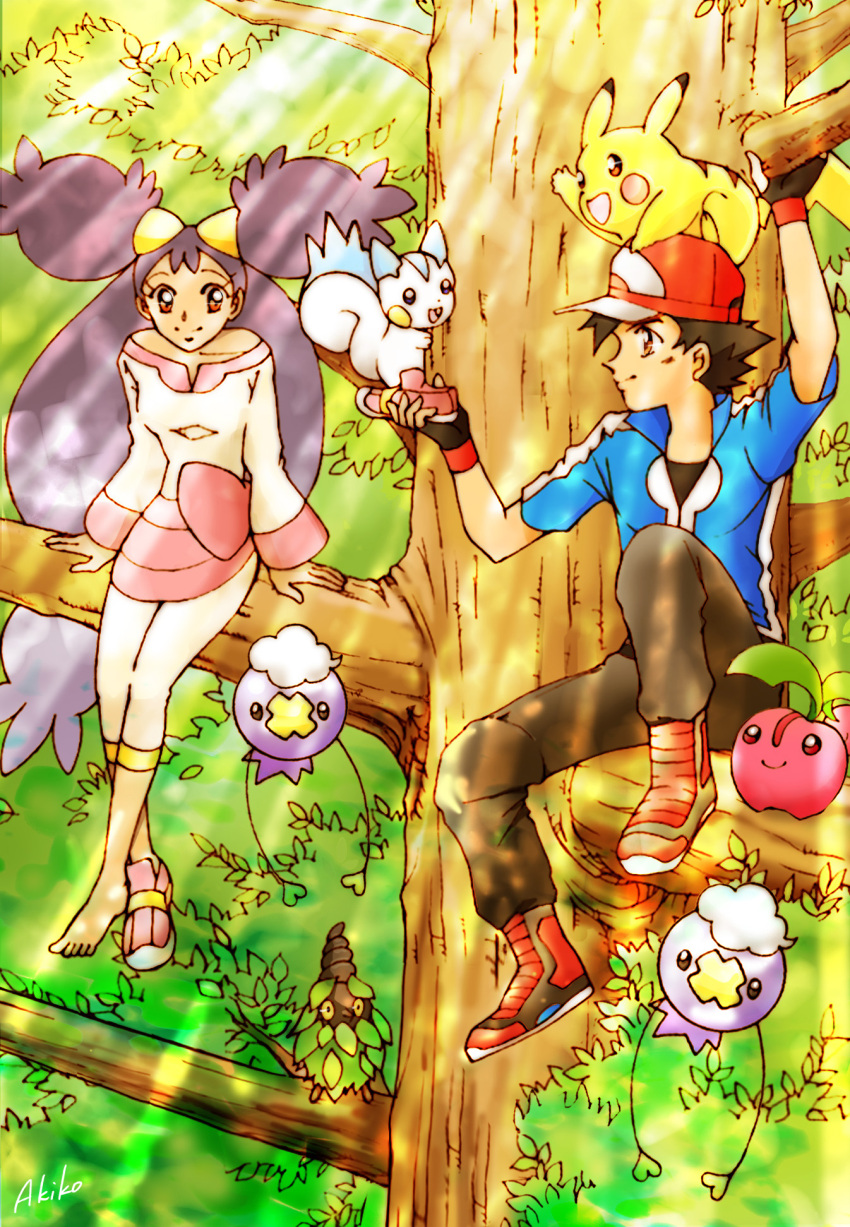 1boy 1girl ash_ketchum barefoot baseball_cap black_hair bright_pupils brown_eyes burmy burmy_(plant) cherubi drifloon feet fingerless_gloves gen_4_pokemon gloves hat holding iris_(pokemon) jacket leaf long_hair nintendo pachirisu pokemon pokemon_(anime) pokemon_bw_(anime) pokemon_xy_(anime) purple_hair shoes smile tree twintails vcts4582 very_long_hair white_pupils