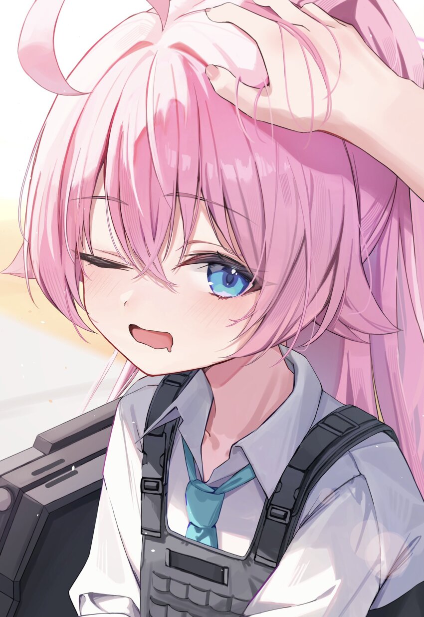 2girls ahoge asashin_(asn) ballistic_shield blue_archive blue_eyes blue_necktie bulletproof_vest commentary_request crossed_bangs double-parted_bangs dress_shirt drooling female_pov hair_between_eyes hair_flaps hair_intakes hand_on_another&#039;s_head headpat highres hoshino_(armed)_(blue_archive) hoshino_(blue_archive) light_blush long_hair looking_at_viewer looking_to_the_side mouth_drool multiple_girls necktie one_eye_closed open_mouth pink_hair pink_nails ponytail portrait pov pov_hands school_uniform shield shirt solo_focus tactical_school_uniform white_shirt wing_collar
