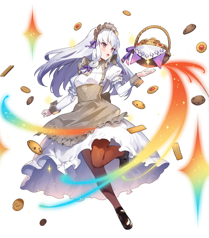 1girl alternate_costume amagasa_yun apron basket blush braid breasts cookie dress fire_emblem fire_emblem:_three_houses fire_emblem_heroes floating floating_object food frills full_body hair_ornament highres legs_up long_skirt long_sleeves lysithea_von_ordelia lysithea_von_ordelia_(tea_party) maid maid_headdress nintendo non-web_source official_art open_mouth pantyhose puffy_sleeves red_eyes shoes skirt small_breasts smile solo sparkle transparent_background twin_braids wrist_cuffs