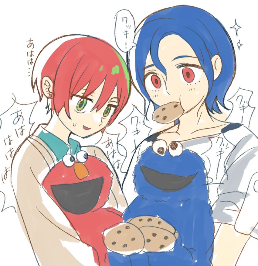1boy 1girl amate_yuzuriha aqua_eyes aqua_shirt blue_hair chocolate_chip_cookie cookie cookie_monster crossover elmo food gundam gundam_gquuuuuux highres holding long_sleeves multicolored_hair open_mouth purple_hair red_eyes red_hair school_uniform sesame_street shirt short_hair shuji_ito simple_background smile sweatdrop sweater tank_top turumiya_s upper_body white_shirt