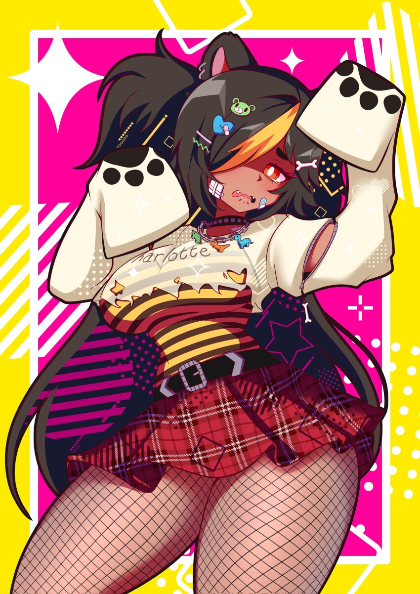 1girl absurdres bandage_on_cheek bandaid bandaid_on_cheek bandaid_on_face bear_hair_ornament belt black_belt black_choker black_hair blonde_hair breasts bright_pupils cartoon_bone chain chain_necklace charlotte_bear choker clothes_writing dark-skinned_female dark_skin fangs fishnet_pantyhose fishnets hair_ornament heart heart_hair_ornament highres indie_virtual_youtuber jewelry multicolored_hair necklace open_mouth orange_eyes pantyhose paw_print plaid_clothes plaid_skirt red_skirt shirt skirt sleeves_past_fingers sleeves_past_wrists solo stalx_(stalkers_ink) star_(symbol) streaked_hair torn_clothes torn_shirt virtual_youtuber white_pupils zipper