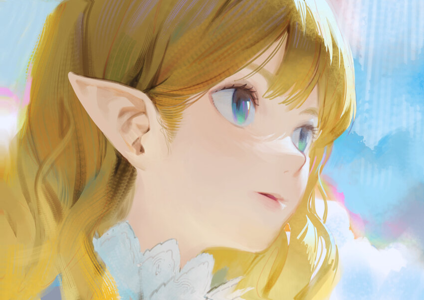 1girl absurdres blonde_hair blue_eyes blue_sky day ddal eyebrows_hidden_by_hair highres long_hair original outdoors parted_lips pointy_ears ponytail sky solo thick_eyebrows