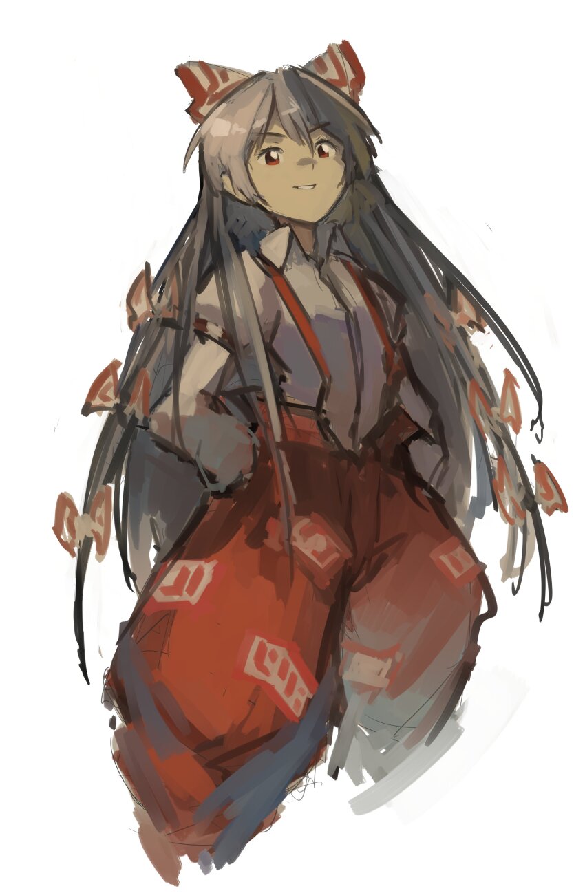 1girl absurdres fujiwara_no_mokou hair_ribbon highres kornod long_hair overalls pants red_overalls red_pants ribbon shirt solo touhou very_long_hair white_background white_shirt