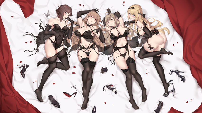 4girls ahoge arms_up ass azur_lane bad_id bad_pixiv_id bare_arms bare_shoulders black_bra black_flower black_footwear black_gloves black_panties black_pantyhose black_rose black_thighhighs blonde_hair blue_eyes blunt_bangs blush bra breasts breasts_apart brown_hair bug butterfly cameltoe cartonbox_(zhixiang_zhi) chinese_commentary cleavage closed_mouth collarbone covered_navel criss-cross_halter elbow_gloves feet flower full_body garter_belt garter_straps gloves green_eyes grin hair_ornament halterneck high_heels insect knee_up lace lace-trimmed_bra lace-trimmed_legwear lace-trimmed_panties lace_trim large_breasts lingerie long_hair lying medium_breasts missouri_(warship_girls_r) multiple_girls navel o-ring on_back panties pantyhose parted_lips petals platform_footwear platform_heels red_eyes rose see-through_clothes shoes short_hair sideboob smile string_bra string_panties thigh_gap thighhighs thighs toes underwear unworn_pantyhose unworn_shoes warship_girls_r white_footwear wisconsin_(warship_girls_r) ||/