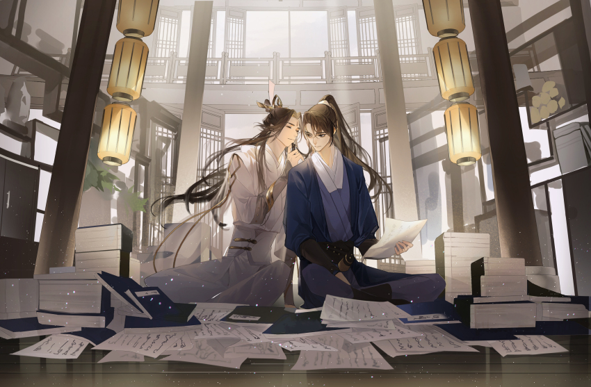 2boys absurdres arm_support blue_eyes blue_hanfu book book_stack bookshelf brown_hair brown_sash cheng_qian chinese_clothes chinese_commentary closed_eyes closed_mouth door facial_mark forehead_mark full_body hair_ribbon half_updo hanfu highres holding holding_hands holding_paper indoors lantern light_particles liu_yao long_hair looking_at_another male_focus mingtiantian multiple_boys on_floor paper reflective_floor ribbon sash scroll sitting smile tassel topknot white_hanfu white_ribbon white_sash xiao_guan_(headdress) yan_zhengming yaoi