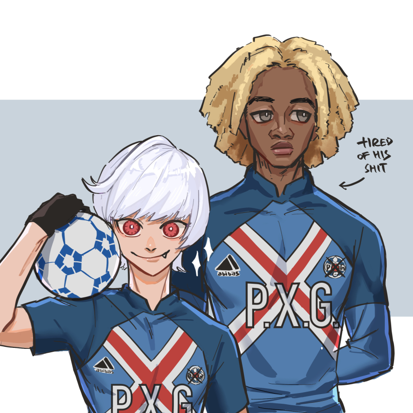 2boys ball blonde_hair blue_lock blue_shirt brown_eyes chapa_(blue_lock) charles_chevalier closed_mouth dark-skinned_male dark_skin dreadlocks fang fang_out hand_up lalamelonflora long_hair long_sleeves looking_at_viewer looking_to_the_side multiple_boys red_eyes serious shirt simple_background smile soccer_ball soccer_uniform sportswear white_background white_hair