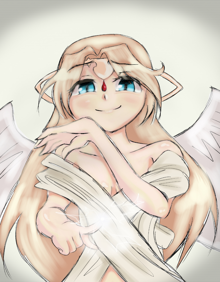 1girl absurdres angel_wings aqua_eyes bad_id bad_pixiv_id blonde_hair blue_eyes bracelet breasts casting_spell censored circlet cleavage covering_breasts covering_own_ears covering_privates dress fantasy feathered_wings female_focus gem_on_head gesugao glowing_finger highres ilias impossible_clothes jewelry long_hair looking_at_viewer moire mon-musu_quest! smile smirk solo tiara torotoro_resistance very_long_hair white_wings wings wrist_cuffs