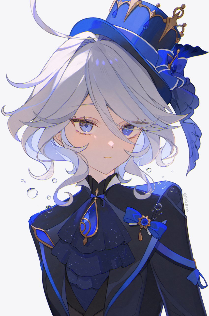 1girl ahoge air_bubble artist_name ascot black_shirt blue_ascot blue_bow blue_eyes blue_gemstone blue_hair blue_hat blue_jacket blush bow brooch bubble closed_mouth commentary_request drop-shaped_pupils expressionless eyelashes furina_(genshin_impact) gem genshin_impact hair_between_eyes hair_intakes hat hat_bow heterochromia highres jacket jewelry lapels long_sleeves looking_at_viewer mismatched_pupils multicolored_hair parted_bangs satsuki_(miicat) shirt short_hair sidelocks simple_background solo streaked_hair swept_bangs symbol-shaped_pupils tilted_headwear top_hat twitter_username upper_body white_background white_hair