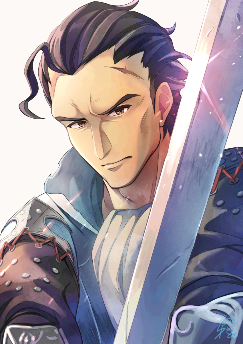 1boy ascot black_hair blue_jacket brown_eyes cheekbones closed_mouth commentary_request hair_slicked_back highres holding holding_sword holding_weapon jacket looking_at_viewer male_focus octopath_traveler octopath_traveler_i olberic_eisenberg scar scar_on_face scar_on_forehead short_hair single_bang solo sword tarayuki upper_body weapon white_ascot white_background