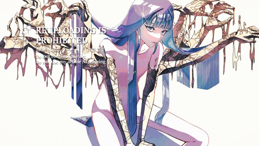 1other arms_up blue_eyes blue_hair blunt_bangs closed_mouth colored_skin completely_nude expressionless extra_arms golden_arms hair_flowing_over highres houseki_no_kuni long_hair looking_at_viewer mt5_014 nude other_focus phosphophyllite phosphophyllite_(ll) simple_background sitting solo straight_hair very_long_hair watermark white_background white_skin