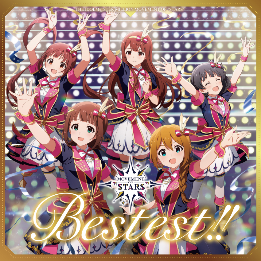5girls absurdres album_cover amami_haruka arms_up baba_konomi black_hair blue_eyes boots bow bowtie braid brown_hair closed_eyes confetti cover dress english_text green_eyes hair_bow hairband highres idol_clothes idolmaster idolmaster_million_live! idolmaster_million_live!_theater_days matsuda_arisa multiple_girls nakatani_iku official_art open_mouth red_eyes red_hair smile tanaka_kotoha thighhighs twintails wrist_cuffs