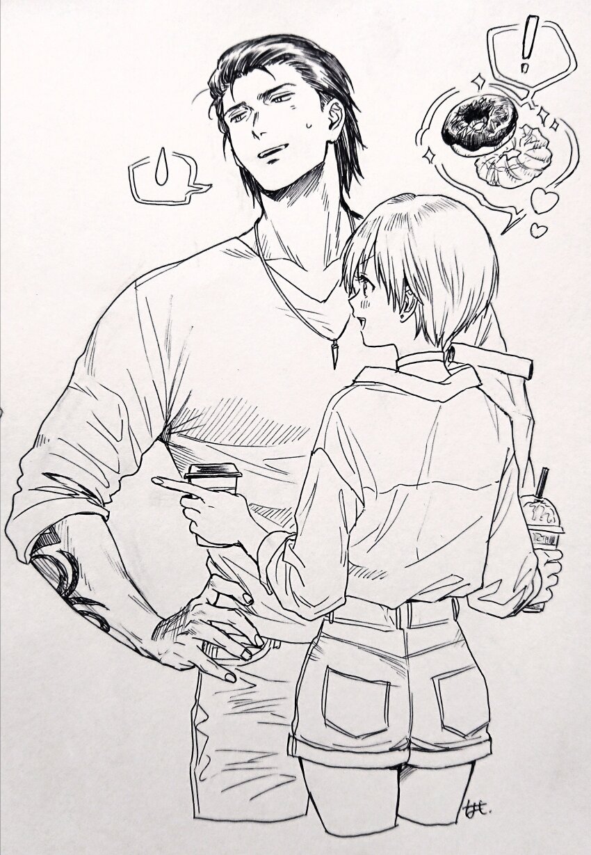! 1boy 1girl absurdres arm_tattoo billy_coen choker coffee denim denim_shorts donut food greyscale highres jewelry monochrome namo necklace open_mouth rebecca_chambers resident_evil resident_evil_0 short_hair shorts simple_background smile spoken_exclamation_mark tattoo white_background