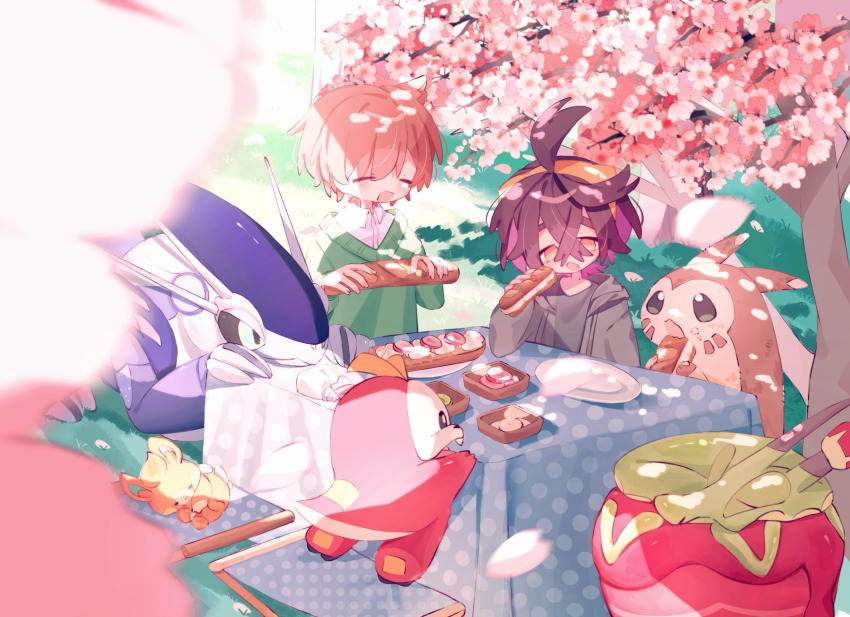 2boys absurdres alternate_costume black_hair brown_hair cherry_blossoms closed_eyes crossed_bangs day eating florian_(pokemon) flower food food_on_face fuecoco furret gen_2_pokemon grass green_sweater grey_jacket hair_between_eyes hairband highres holding holding_food hydrapple jacket kieran_(pokemon) long_sleeves male_focus miraidon mole mole_on_neck multiple_boys nintendo open_clothes open_jacket open_mouth outdoors pawmi petals pink_flower plate pokemon pokemon_sv purple_hair r127125 sandwich shirt sweater table tree white_shirt