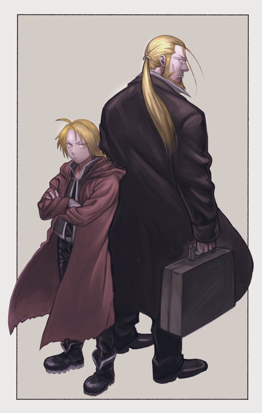 2boys ahoge back-to-back beard black_boots blonde_hair boots braid braided_ponytail brown_coat coat crossed_arms edward_elric facial_hair father_and_son frown fullmetal_alchemist glasses highres holding holding_suitcase male_focus multiple_boys ponytail red_coat single_braid suitcase tobo_katsuo v-shaped_eyebrows van_hohenheim yellow_eyes