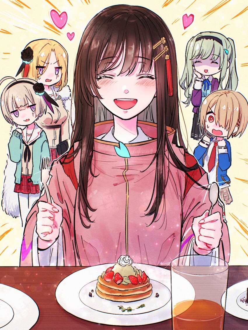 5girls ahoge black_flower black_hair black_hairband blonde_hair blue_jacket breasts cape cardigan closed_eyes flower food fur-trimmed_cape fur_trim green_cardigan green_hair grey_hair hair_flower hair_ornament hairband hairclip heaven_burns_red highres jacket kayamori_ruka kulfiq long_hair medium_hair minase_ichigo minase_sumomo mole mole_under_mouth multiple_girls murohushi_risa nikaidou_misato red_eyes rose sailor_collar shirt short_hair sidelocks sweets tassel tassel_hair_ornament twintails white_sailor_collar wide_sleeves