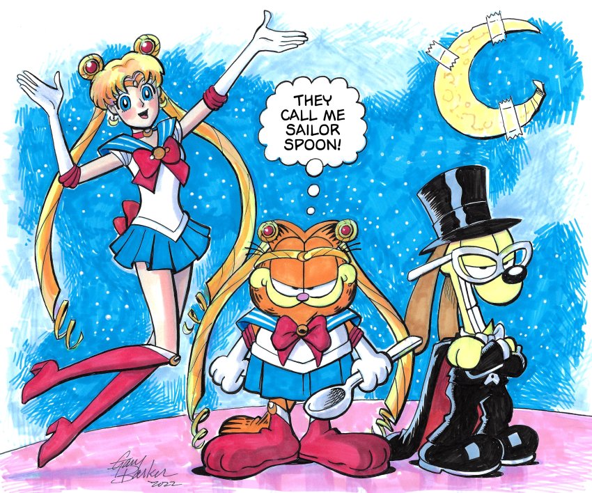 absurdres bishoujo_senshi_sailor_moon black_cape black_headwear black_pants blonde_hair blue_eyes blue_skirt boots cape cat commentary cosplay crescent_moon crossed_legs crossover dog english_commentary english_text garfield garfield_(character) gary_barker hat high_heel_boots high_heels highres holding holding_spoon knee_boots long_hair magical_girl moon odie_(garfield) open_hands pants red_footwear sailor_moon sailor_moon_(cosplay) sailor_senshi_uniform skirt smile speech_bubble spoon thought_bubble top_hat tsukino_usagi tuxedo_kamen tuxedo_kamen_(cosplay) very_long_hair