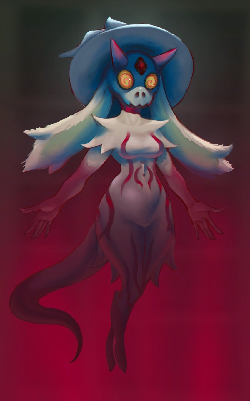 1girl @_@ absurdres animal_ears atlyss black_background body_markings breasts carbuncle_(atlyss) colored_skin commentary completely_nude cptcrabhands floating forehead_jewel full_body ghost gradient_background gradient_skin groin hat highres horns long_tail looking_at_viewer medium_breasts monster_girl navel no_mouth no_pussy nude red_background red_horns red_skin skull_head solo stomach tail white_hat white_skin wide_brim wide_hips yellow_eyes