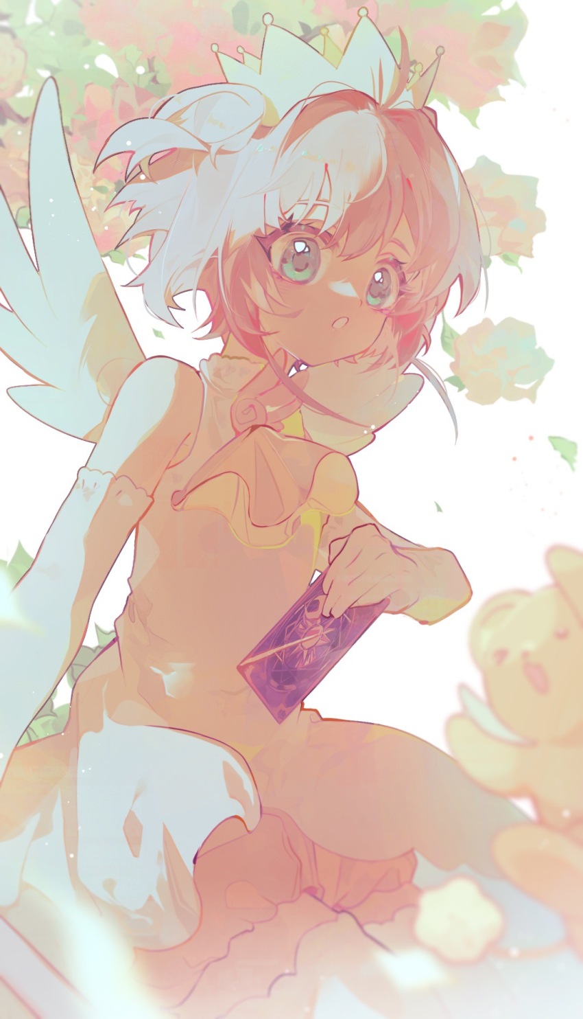 1girl angel_wings ascot bare_shoulders bloomers blue_eyes brown_hair cangshu_cao card cardcaptor_sakura clow_card collar collared_dress cowboy_shot crown dress elbow_gloves eyelashes ferret flower frilled_collar frills gloves highres holding holding_card holding_staff kero_(cardcaptor_sakura) kinomoto_sakura kinomoto_sakura_(miraculous_sakura) leaf looking_ahead magical_girl pink_flower pink_rose rose short_dress short_hair sleeveless sleeveless_dress solo staff thighhighs two_side_up underwear white_background white_dress white_flower white_gloves white_rose white_thighhighs white_wings wings yellow_ascot yellow_bloomers yellow_crown